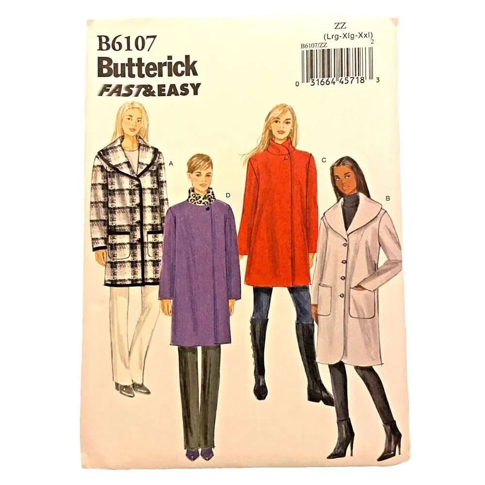 #B6107 Butterick Misses Coat Sewing Pattern Size L-2XL
